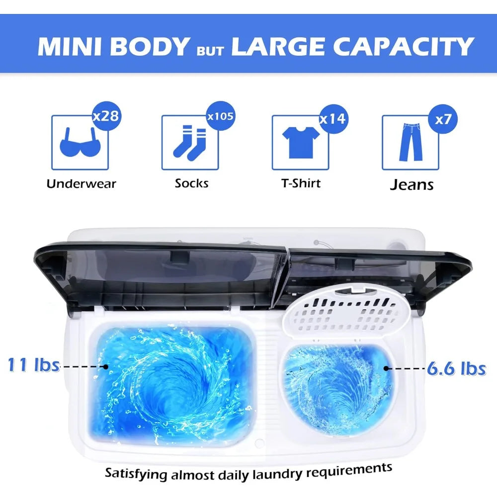 Portable Washing Machine 17.6Lbs Capacity Mini Compact Twin Tub Laundry Washer & Spinner with Gravity Drain Pump for Apartment - Hiccupzz