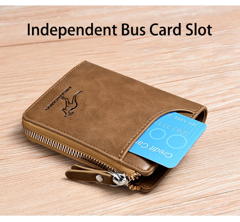 Men's Leather Wallet - Luxury Business Card Holder with Zipper and RFID Protection