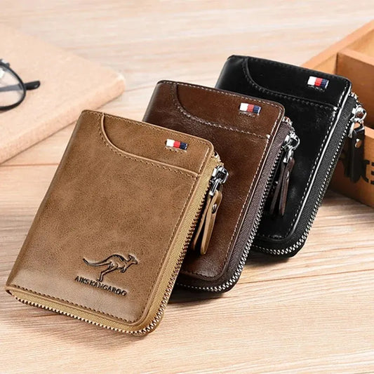 Men's Leather Wallet - Luxury Business Card Holder with Zipper and RFID Protection