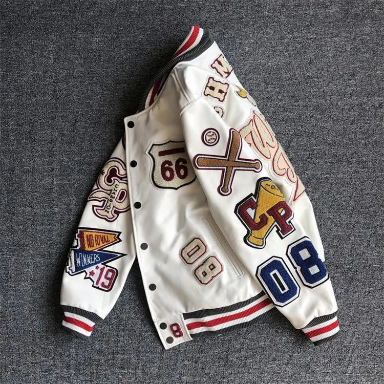 New Men's Winter Baseball Jacket - Retro Leather Jacket with Heavy Industry Embroidery, White Short Coat