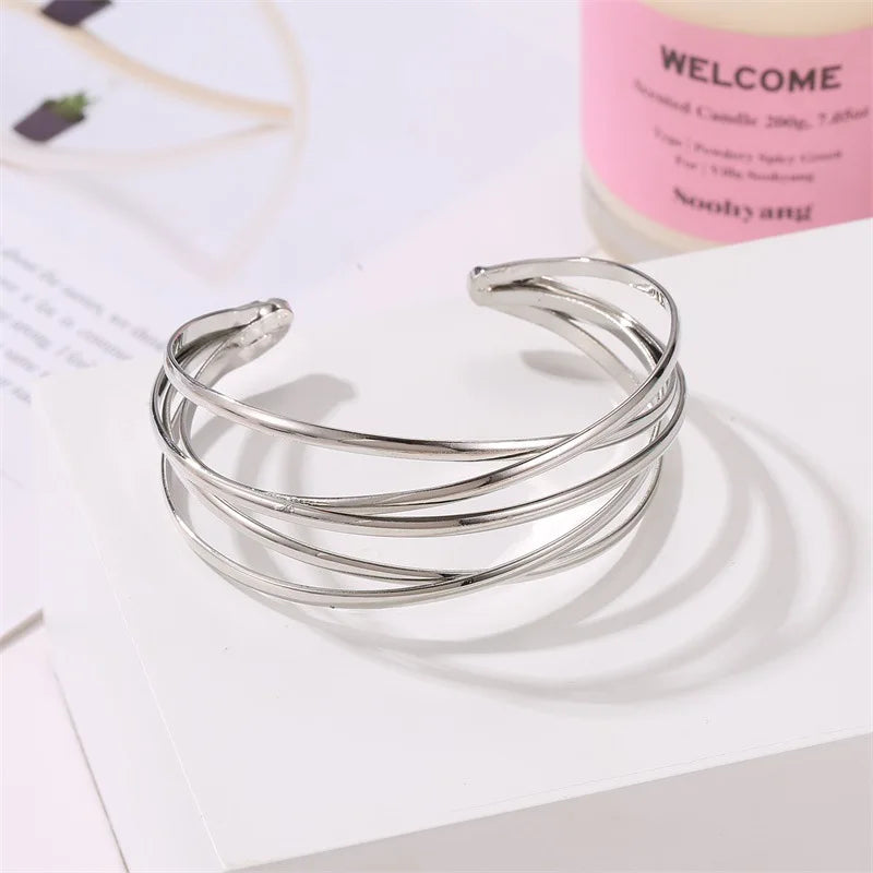 Punk Multilayer Metal Wire String Bracelets for Women, Vintage Exaggerated Gold Color Wide Open Cuff Bangles Jewelry - Hiccupzz