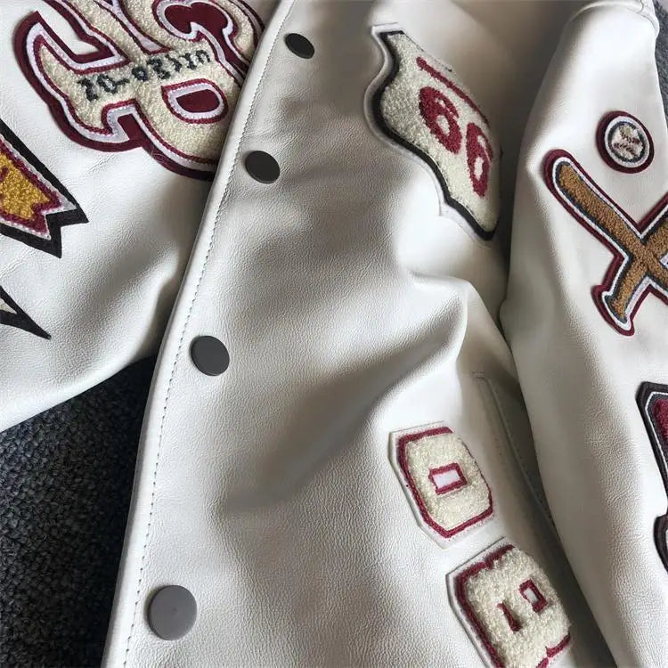 New Men's Winter Baseball Jacket - Retro Leather Jacket with Heavy Industry Embroidery, White Short Coat