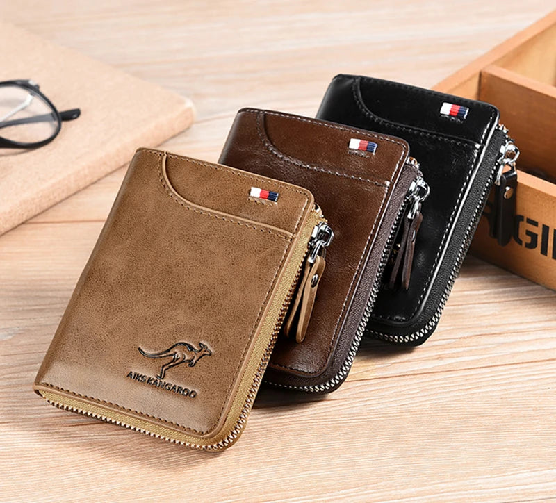 Men's Leather Wallet - Luxury Business Card Holder with Zipper and RFID Protection