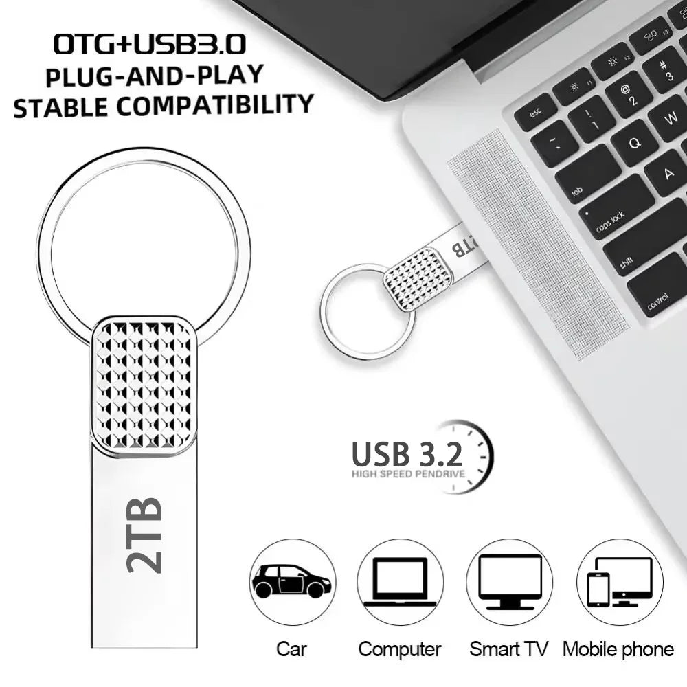 2TB Metal USB 3.2 Flash Drive – High-Speed Type-C Pen Drive, 1TB/512GB/128GB Mini Key Design for Phone & PC