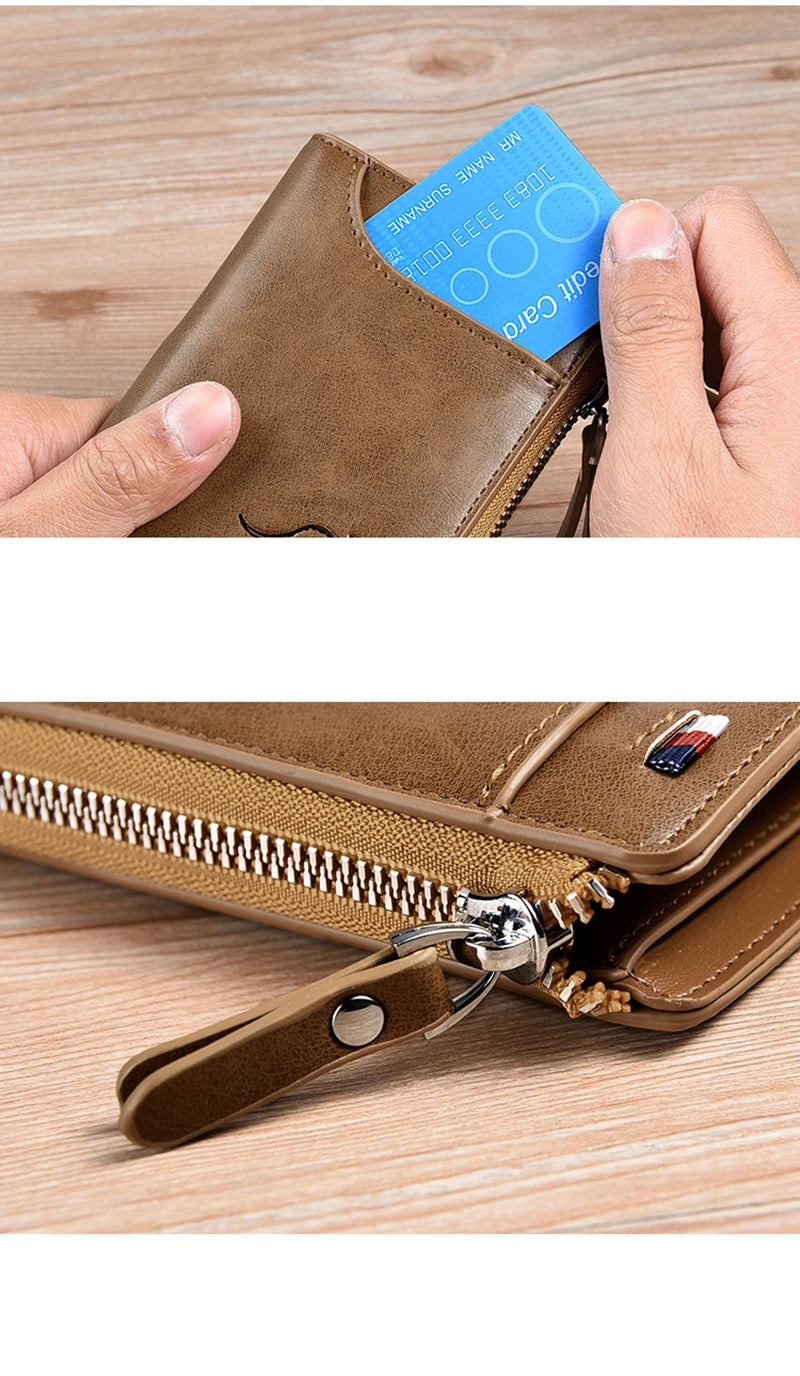 Men's Leather Wallet - Luxury Business Card Holder with Zipper and RFID Protection