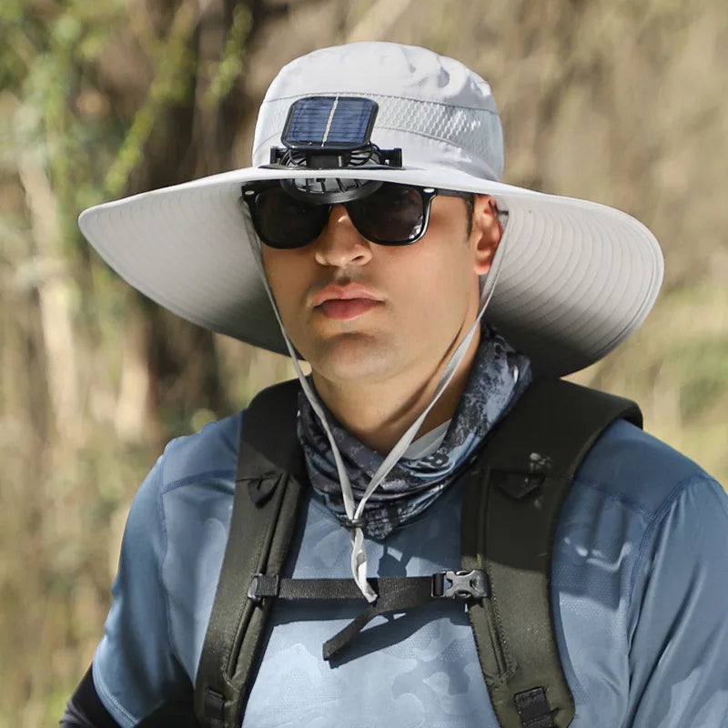 Sombrero de pescador con ventilador de viento grande recargable con energía solar