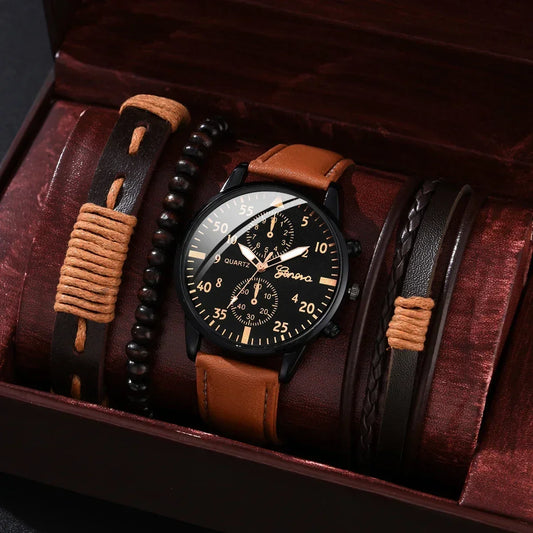 1/2/4 Pcs Men's Sports Watch Set - Business Quartz Wristwatch with Luxury Brown Leather Bracelet, Casual Design (No Box)