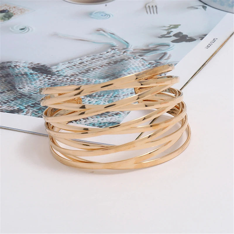 Punk Multilayer Metal Wire String Bracelets for Women, Vintage Exaggerated Gold Color Wide Open Cuff Bangles Jewelry - Hiccupzz