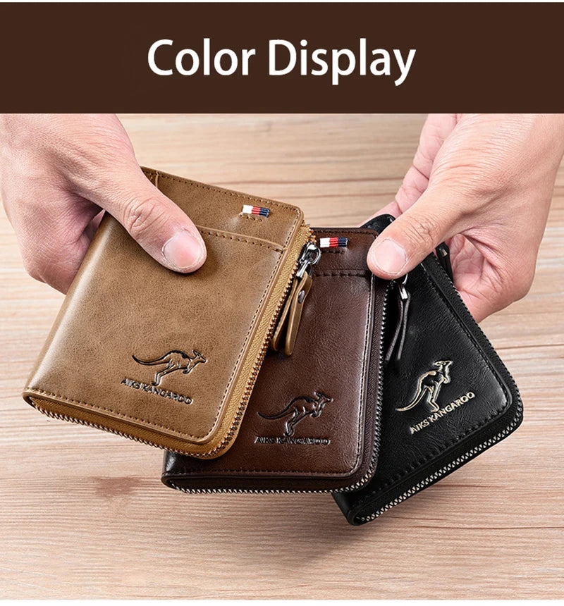 Men's Leather Wallet - Luxury Business Card Holder with Zipper and RFID Protection