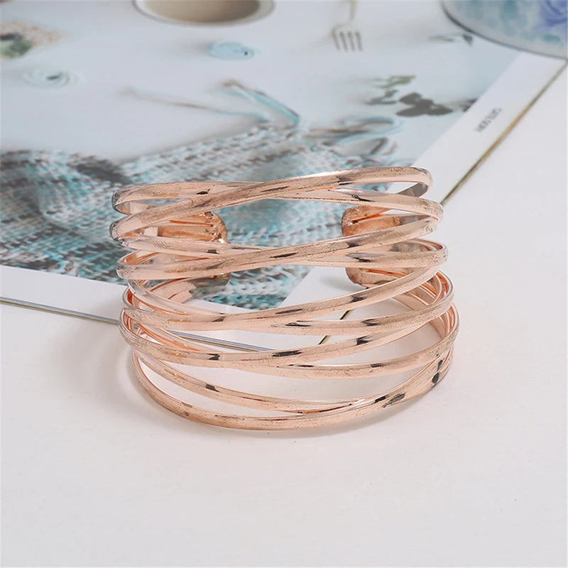 Punk Multilayer Metal Wire String Bracelets for Women, Vintage Exaggerated Gold Color Wide Open Cuff Bangles Jewelry - Hiccupzz