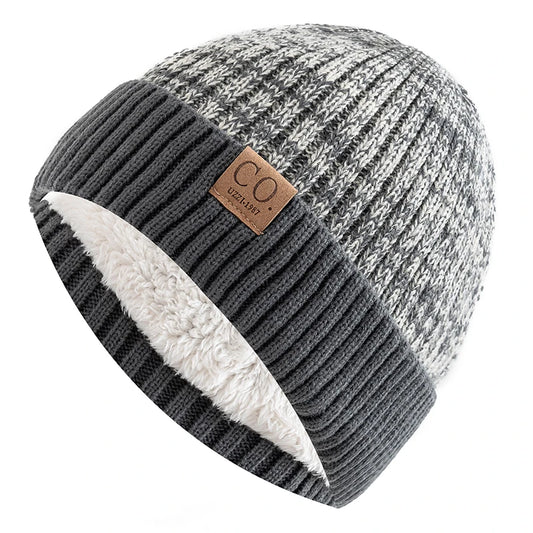 Unisex Two-Tone Winter Beanie - Fur-Lined Knitted Hat for Men and Women, Casual Fashion Warm Cap