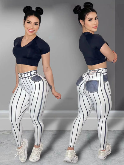 Women's High Waist Stripe Print Sports Leggings - Hiccupzz