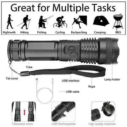 High Power XHP100 Led Flashlight Rechargeable 4 Core Torch Zoom Usb Hand Lantern For Camping, Outdoor & Emergency Use - Hiccupzz