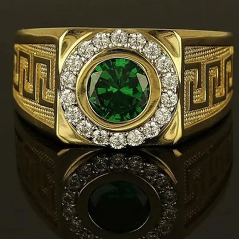 Men's Classic Gold Ring - Luxury Green Stone Inlay for Party, Wedding, or Anniversary Gift