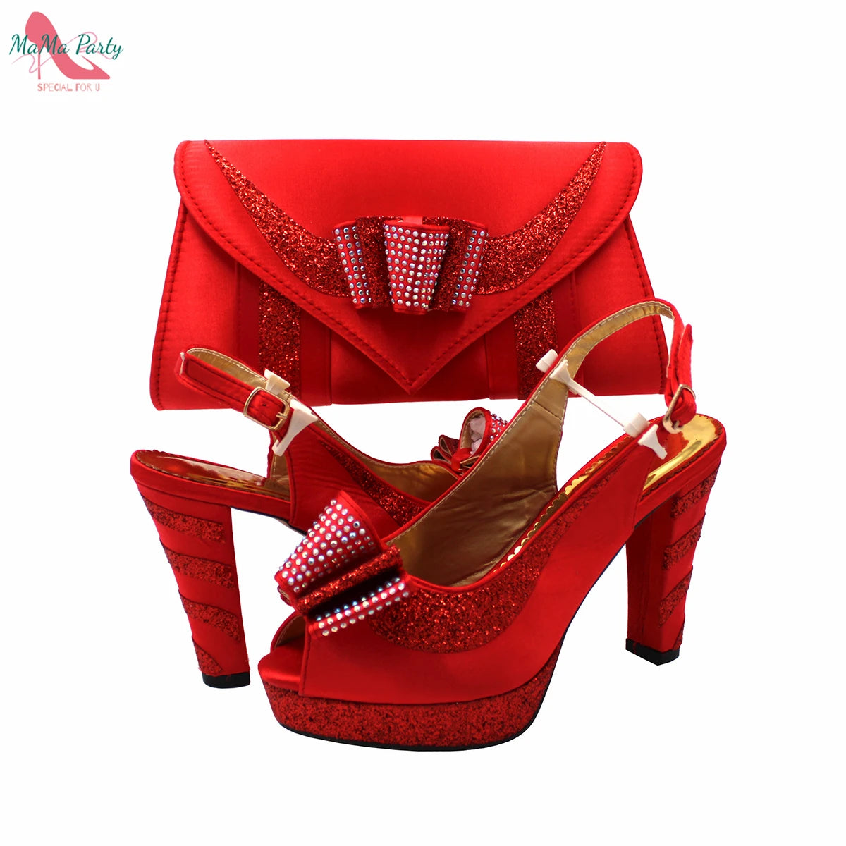 Elegant Style African Women Shoes Matching Hand Bag Set in Red  Color Slingbacks Sandals with Platform for Party