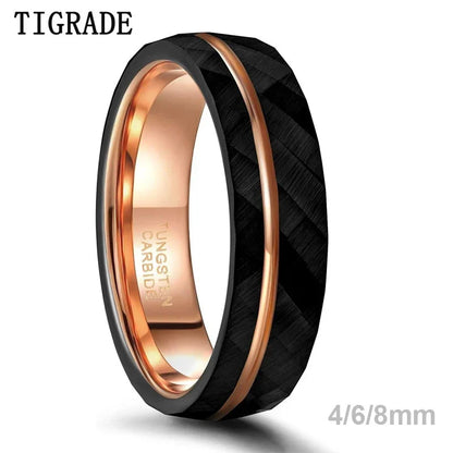 Tigrade 4mm 6mm 8mm Black Tungsten Rings for Men Women Thin Rose Gold Groove Hammered Wedding Band Ring Comfort Fit Size 5-14 - Hiccupzz
