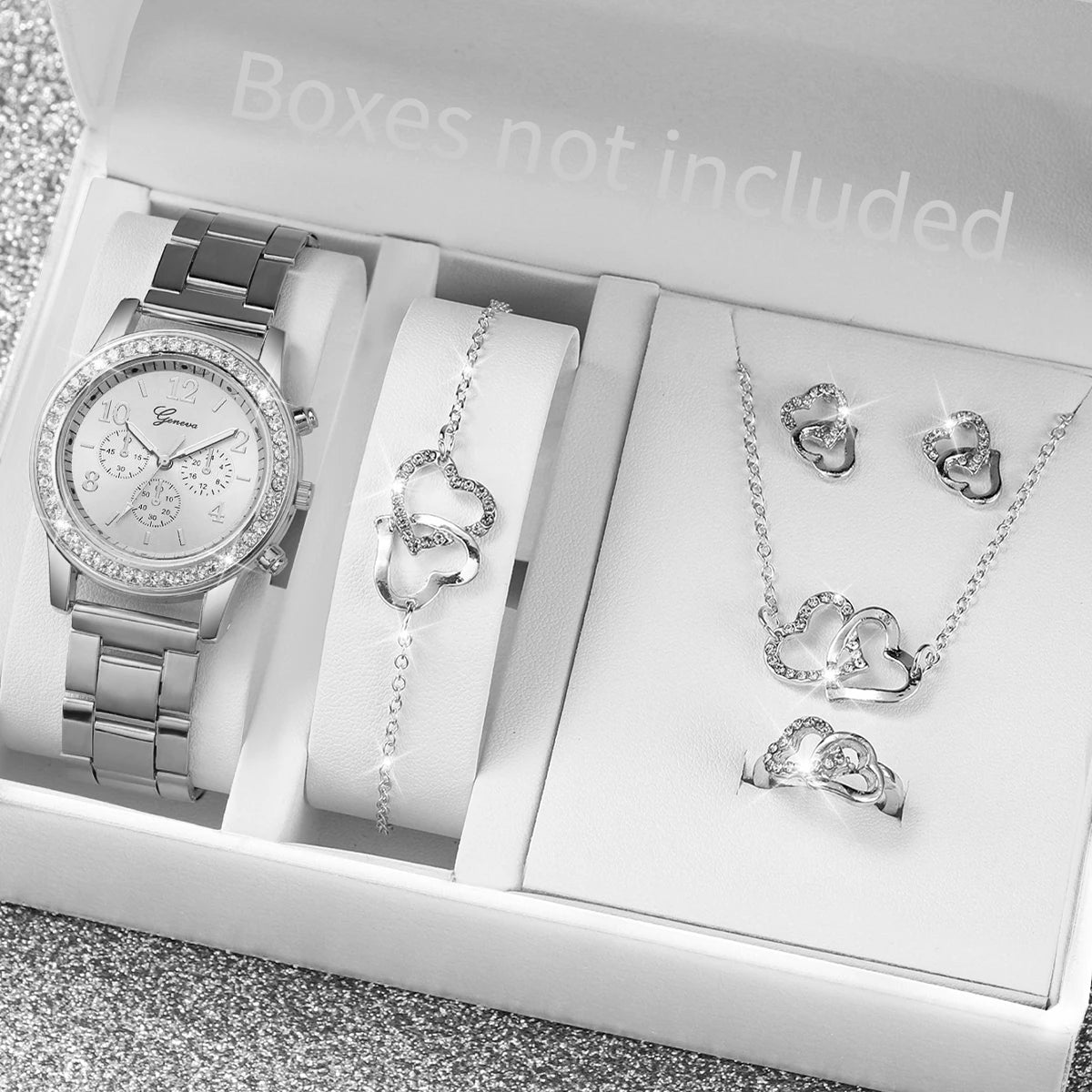 6 Pcs/Set Women's Watch Fashion Rhinestone Stainless Steel Band Quartz Watch Double Heart Jewelry Set(Without Box)