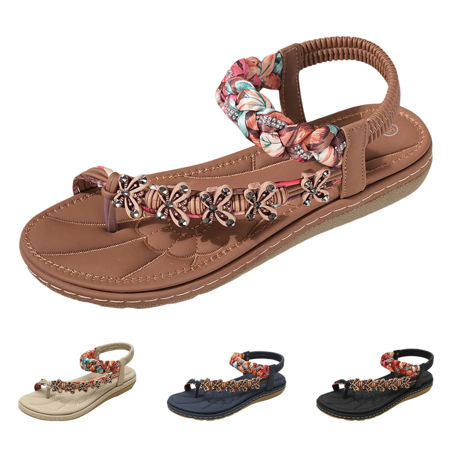 Women Wedges Bohemian Sandals Summer 2024 Flower Non Slip Beach Sandalias Mujer Elastic Band Low Heels Roman Shoes Woman