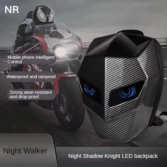 Motorcycle Backpack with LED EYE - DIY Riding Bag with APP Control, Hard Shell, Rainproof, Fits 14-Inch Notebook