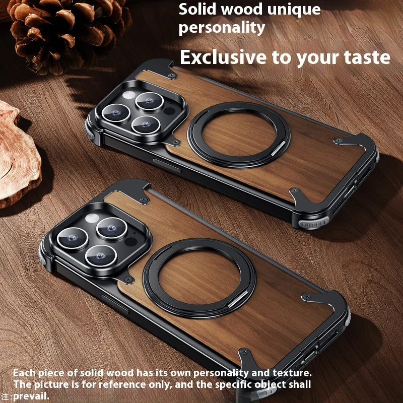 For iPhone 15 14 Pro Max Case 360°Rotating Ring Stand Magnetic Magsafe Phone Holder Walnut Wood Metal framework Protective cover