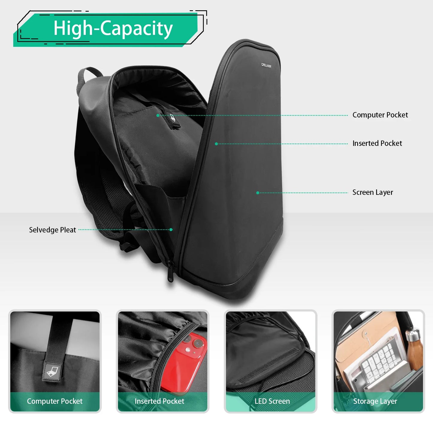 CRELANDER LED Backpack Waterproof Smart Bluetooth APP Control DIY Display Laptop School Bags For Men Women Mochila