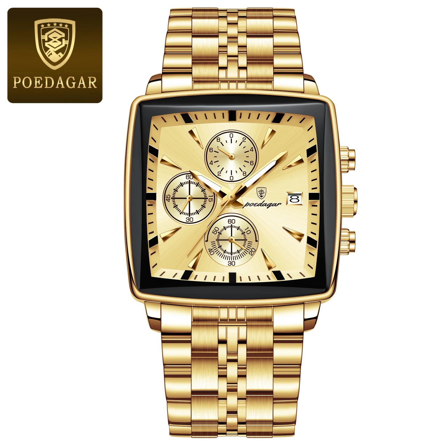 POEDAGAR Luxury Square Sport Watch for Men - Waterproof Luminous Chronograph, Stainless Steel Quartz