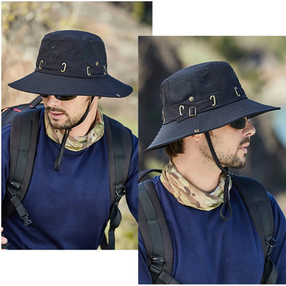 Men's Cap Breathable Mesh Solid Color Bucket Hat for Fishing, Camping & Hiking Anti-UV Sun Hat Wide Brim Fisherman Hat - Hiccupzz