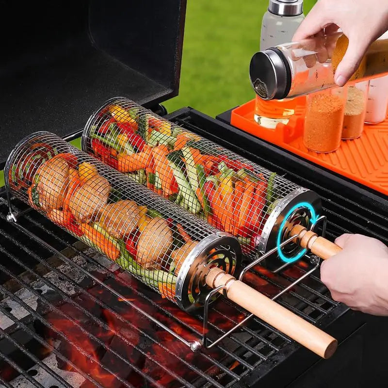 Portable BBQ Basket Stainless Steel Rolling Grilling Basket Wire Mesh Cylinder Grill Basket Round Outdoor Camping Barbecue Rack