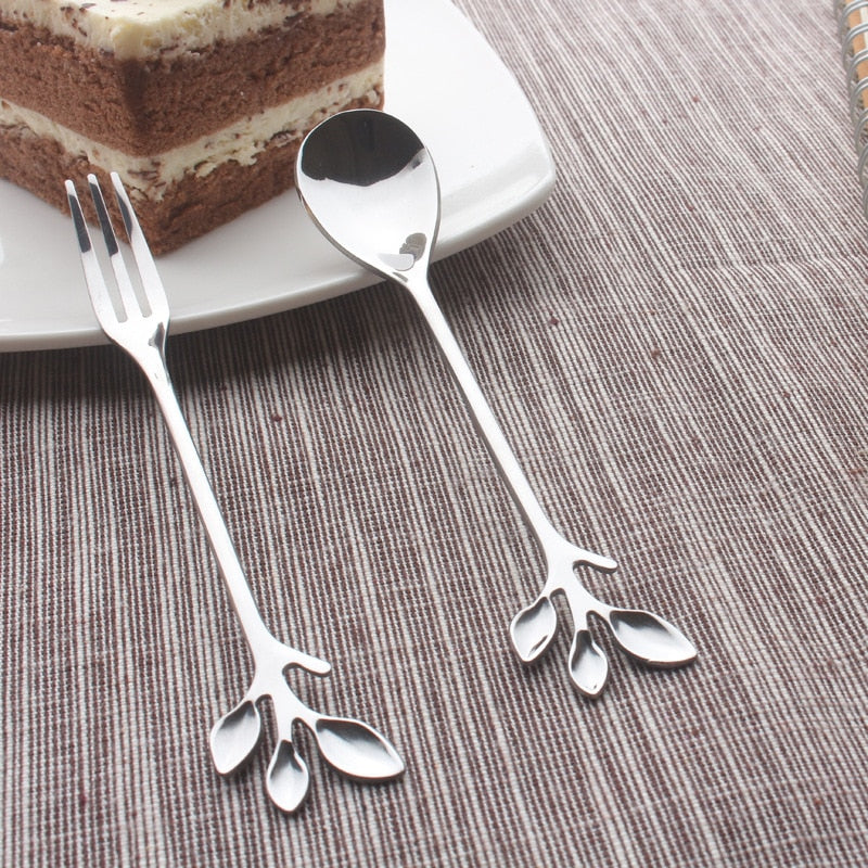 1/5PCS  Tree Leaf Stainless Steel Gold Spoons