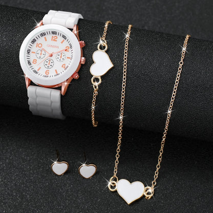 4 Pcs Geneva Women's Quartz Watch Set - Fashion Silicone Band with Heart Jewelry (Without Box)