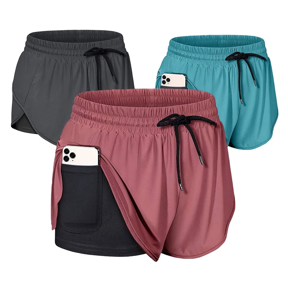 2 in 1 Quick Dry Running Shorts For Women Workout Shorts Double Layer Shorts with Pockets Athletic Yoga Shorts Sport Gym Shorts