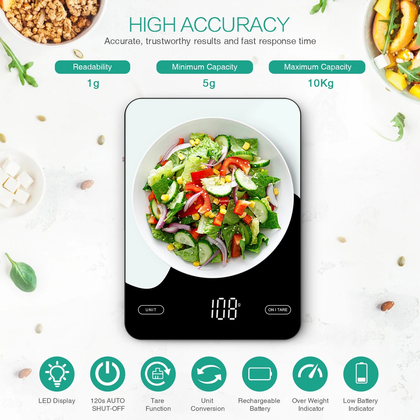 Digital Food Scale 10kg Smart Kitchen Scales with Nutrition Calculator APP Rechargeable Gram Scale for Weight Loss Baking Scales