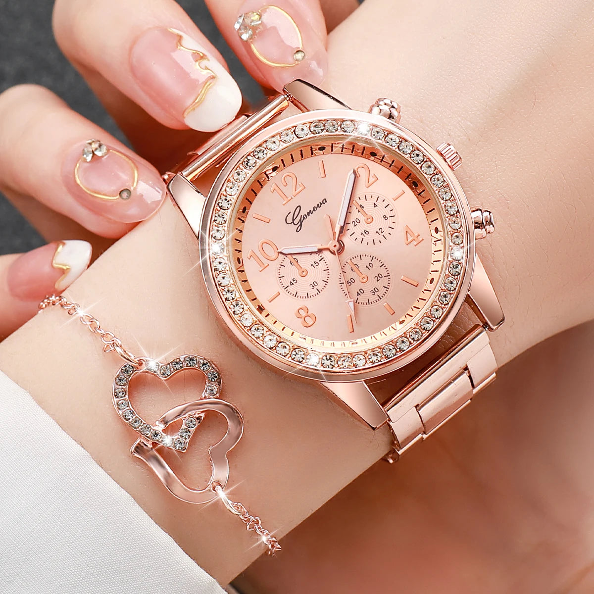 6 Pcs/Set Women's Watch Fashion Rhinestone Stainless Steel Band Quartz Watch Double Heart Jewelry Set(Without Box)