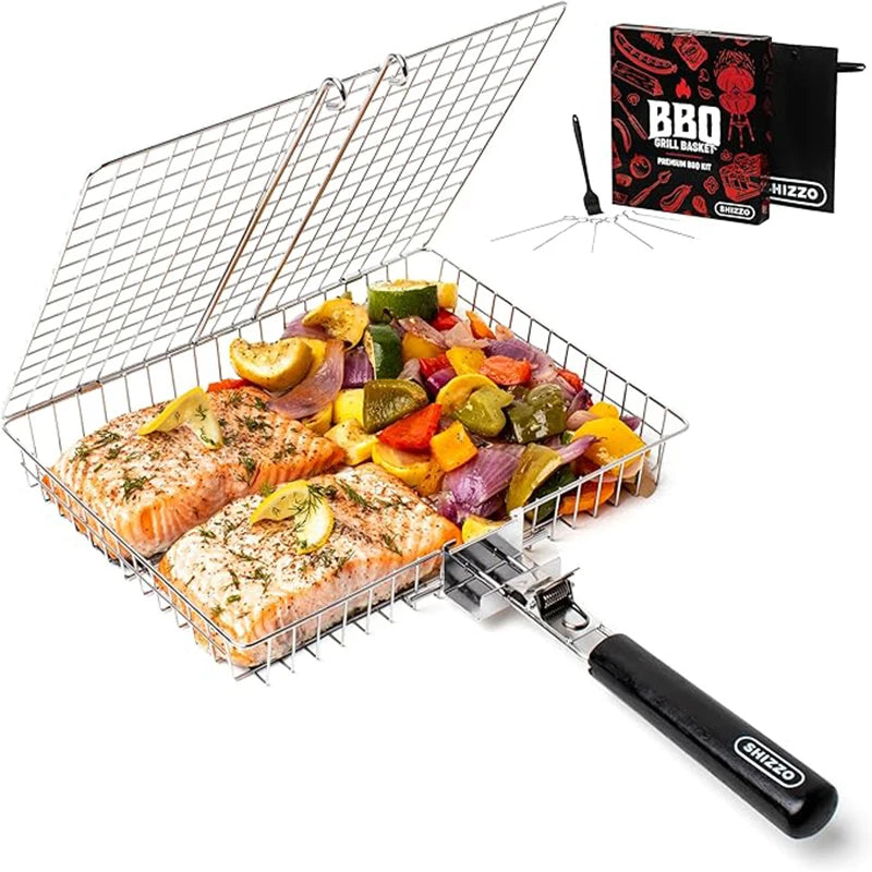 Grill Basket Folding Portable Stainless Steel BBQ Grill Basket With Handle for Fish Vegetables Shrimp Cooking Accessories