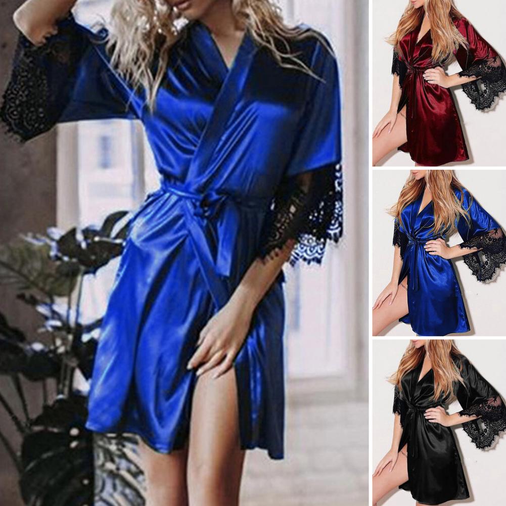 Ladies Nightgown Satin See-through Smooth Surface Pure Color High Waist Women Nightdress Women Nightdress for Home