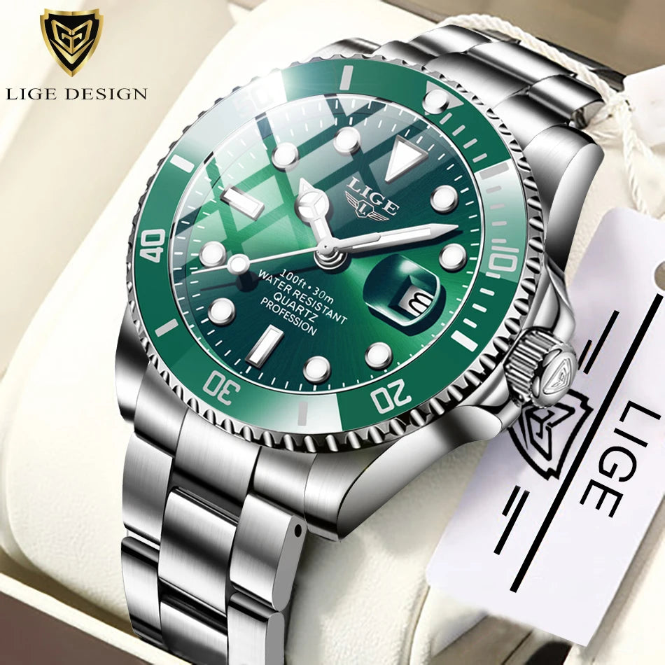 LIGE Luxury Diver Watch for Men - 30ATM Waterproof Quartz Wristwatch with Date, Sport Design