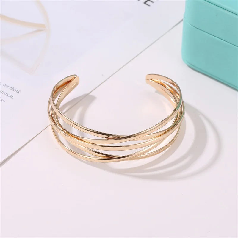 Punk Multilayer Metal Wire String Bracelets for Women, Vintage Exaggerated Gold Color Wide Open Cuff Bangles Jewelry - Hiccupzz