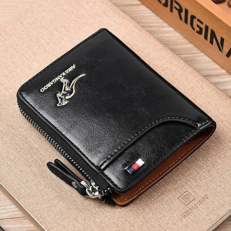 Men's Leather Wallet - Luxury Business Card Holder with Zipper and RFID Protection