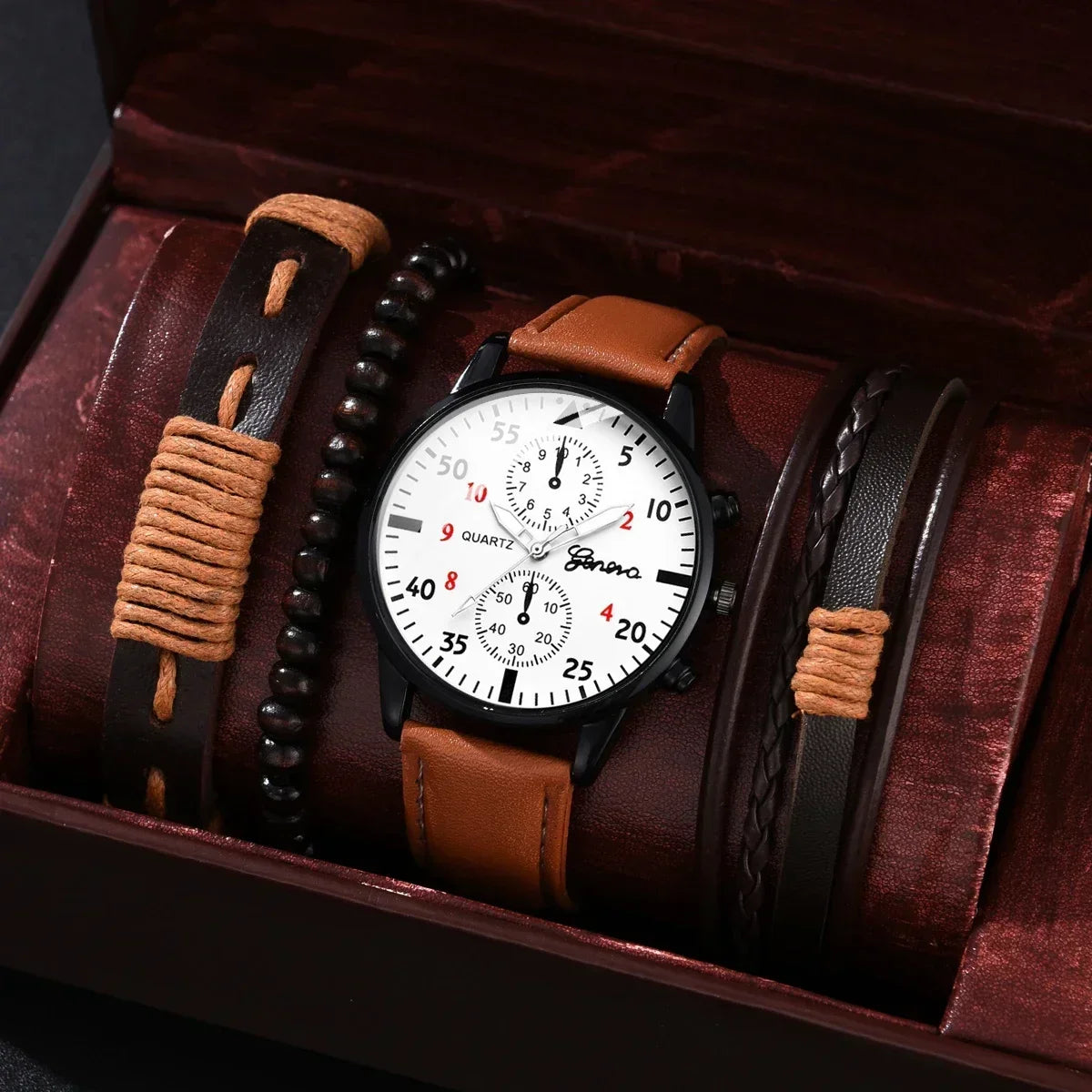 1/2/4 Pcs Men's Sports Watch Set - Business Quartz Wristwatch with Luxury Brown Leather Bracelet, Casual Design (No Box)