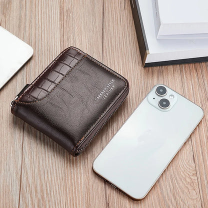 Men's Luxury Leather Wallet - RFID Zipper Card Holder with Coin Pocket, Perfect Gift for Men