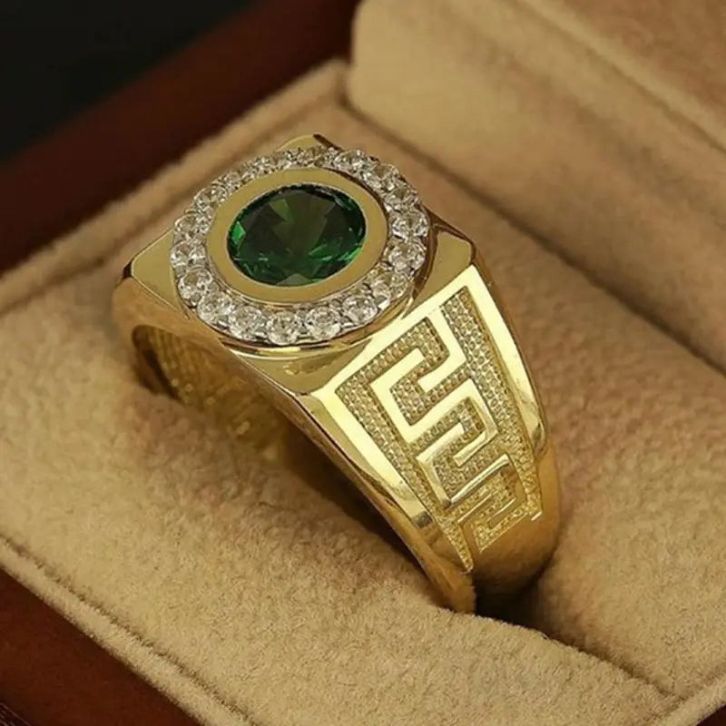 Men's Classic Gold Ring - Luxury Green Stone Inlay for Party, Wedding, or Anniversary Gift