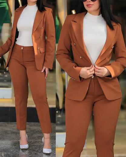 Casual Long Sleeve Suit Jacket Pants Set Office Lady Spring Autumn Two-Piece Outfit - Hiccupzz
