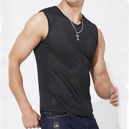 Men's Ice Silk Mesh Tank - Transparent Gym Stringer Bodybuilding Vest - Hiccupzz