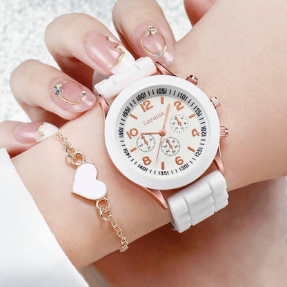4 Pcs Geneva Women's Quartz Watch Set - Fashion Silicone Band with Heart Jewelry (Without Box)