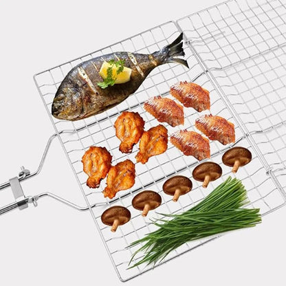 Grill Basket Folding Portable Stainless Steel BBQ Grill Basket With Handle for Fish Vegetables Shrimp Cooking Accessories - Hiccupzz