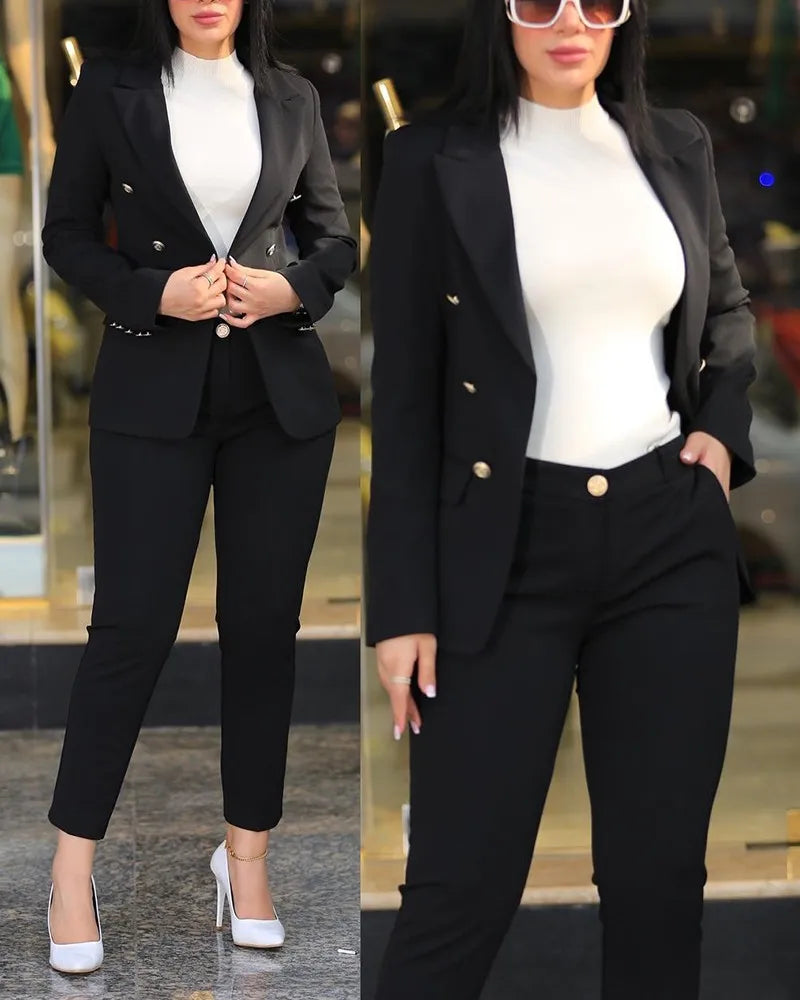 Casual Long Sleeve Suit Jacket Pants Set Office Lady Spring Autumn Elegant Solid Blouse Trousers Two Piece Set Women Outfit 2024