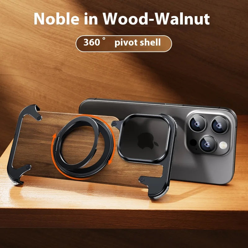 For iPhone 15 14 Pro Max Case 360°Rotating Ring Stand Magnetic Magsafe Phone Holder Walnut Wood Metal framework Protective cover