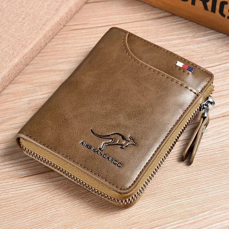 Men's Leather Wallet - Luxury Business Card Holder with Zipper and RFID Protection