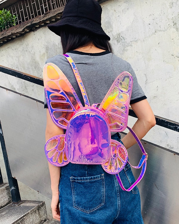 Fashion Women's Laser Mini Backpack Butterfly Angel Wings Daypack for Girls Travel Casual Daypack School Bag Holographic Leather