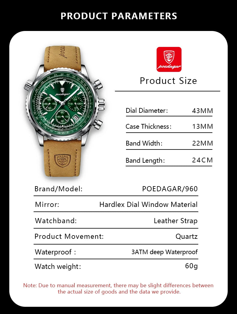 POEDAGAR Luxury Men's Watch - Quartz, Waterproof, Luminous Date Chronograph, Leather Strap, Military Sports Wristwatch